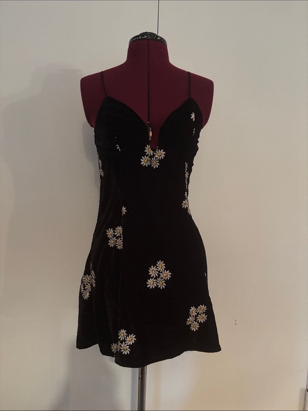 Urban Outfitters Black Velvet Mini Dress with White & Yellow Daisy Embroidery